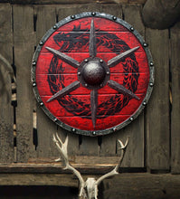 Load image into Gallery viewer, Red Ouroboros Spiked Viking Battleworn Shield