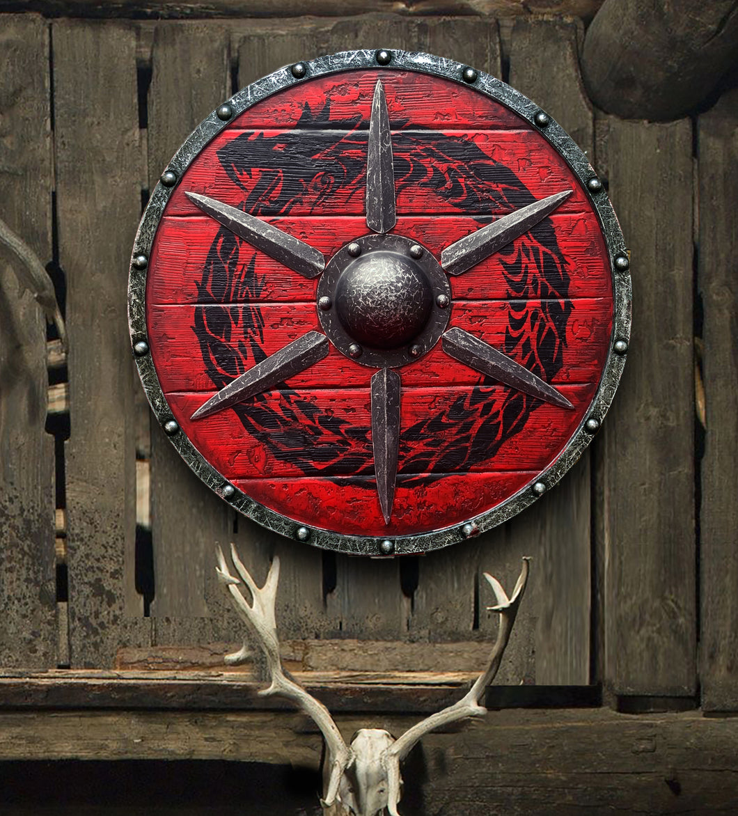 Red Ouroboros Spiked Viking Battleworn Shield